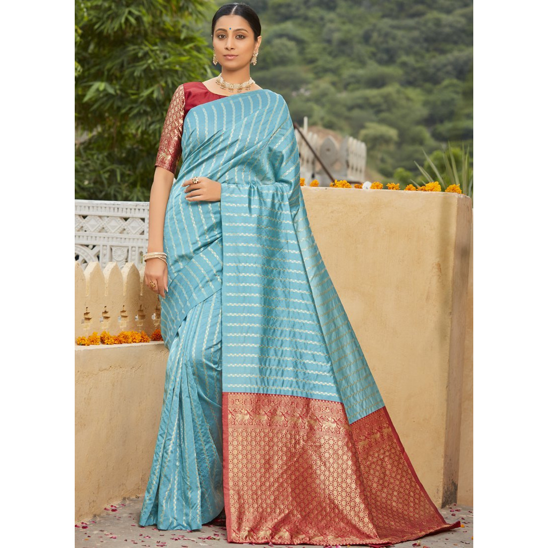 Sky Blue Banarasi Silk Wedding Wear Designer Saree