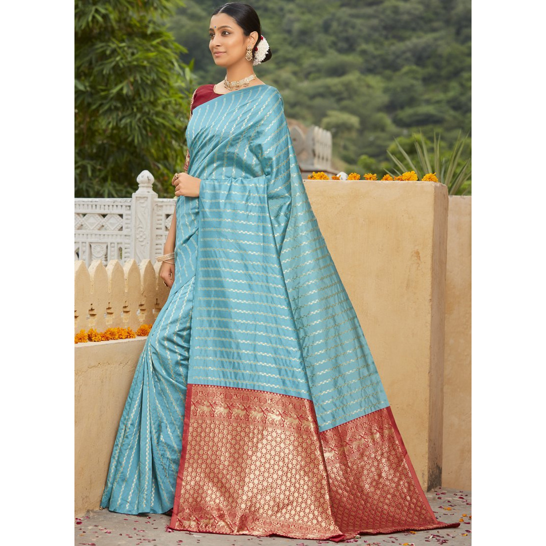 Sky Blue Banarasi Silk Wedding Wear Designer Saree