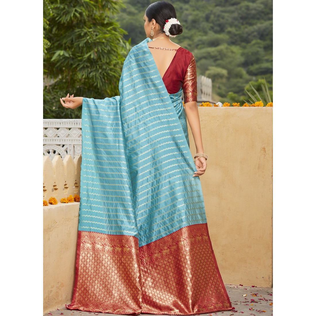 Sky Blue Banarasi Silk Wedding Wear Designer Saree