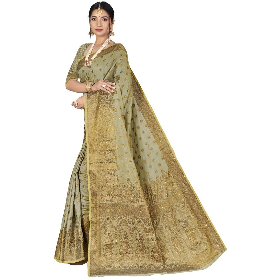 Designer Beige Cotton Silk Stone Work Wedding Wear Saree