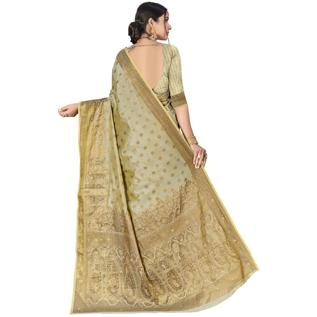 Designer Beige Cotton Silk Stone Work Wedding Wear Saree