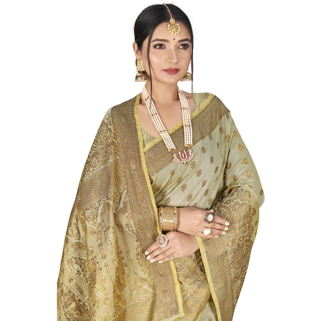 Designer Beige Cotton Silk Stone Work Wedding Wear Saree