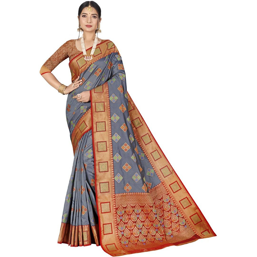 Designer Grey Silk Wedding Wear Saree