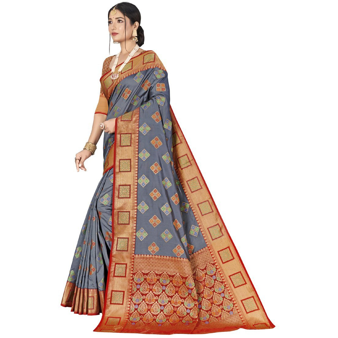 Designer Grey Silk Wedding Wear Saree