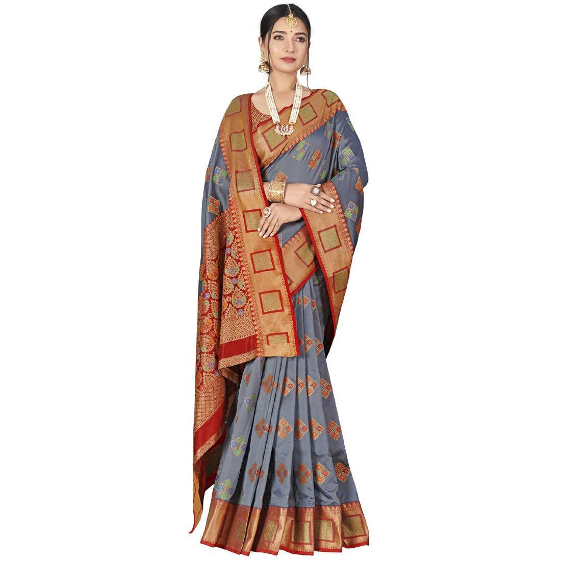 Designer Grey Silk Wedding Wear Saree