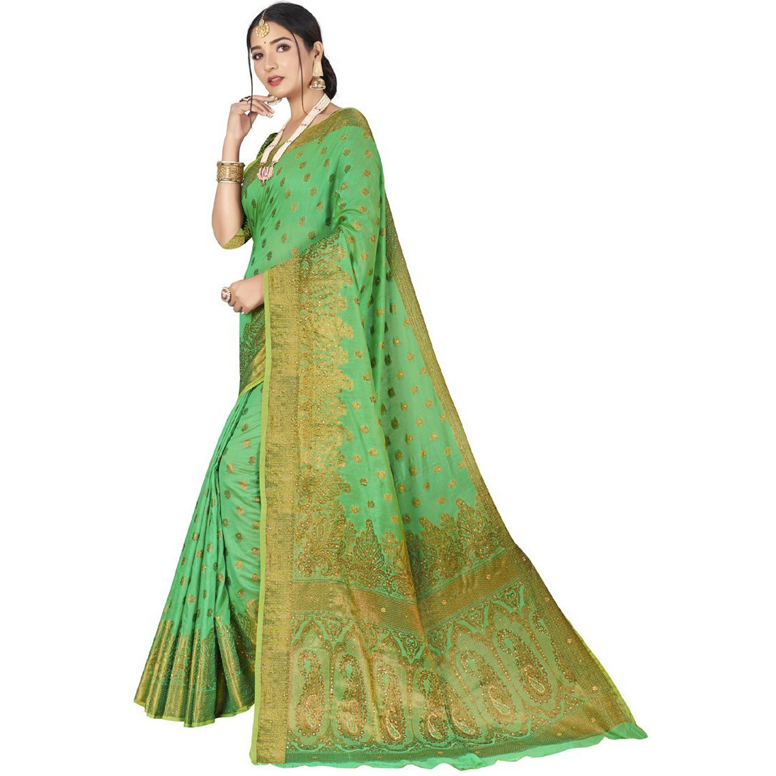 Designer Mint Green Cotton Silk Stone Work Wedding Wear Saree
