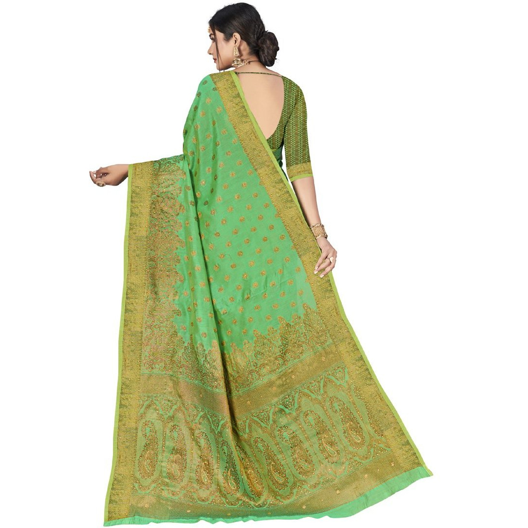 Designer Mint Green Cotton Silk Stone Work Wedding Wear Saree