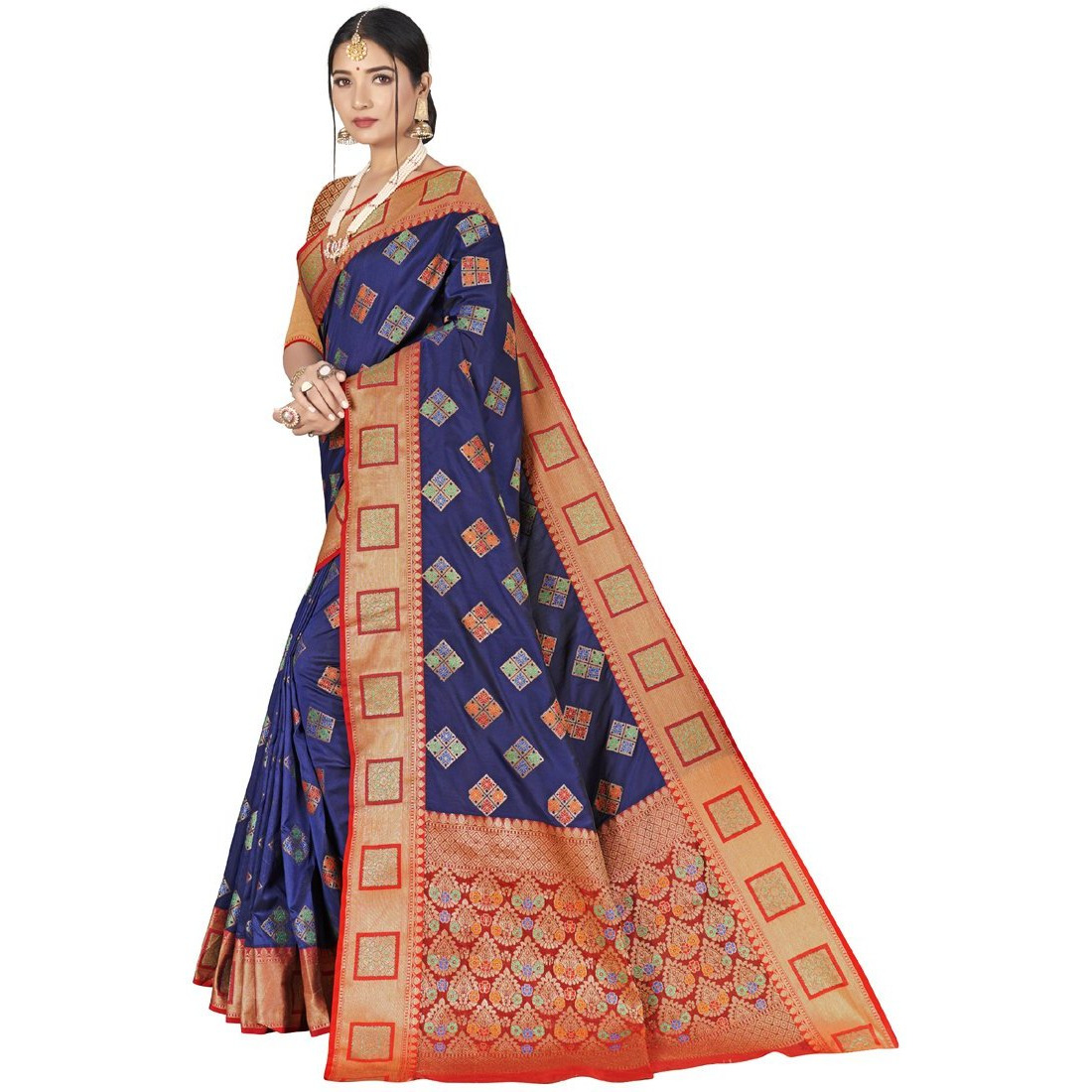 Designer Navy Blue Silk Wedding Wear Saree