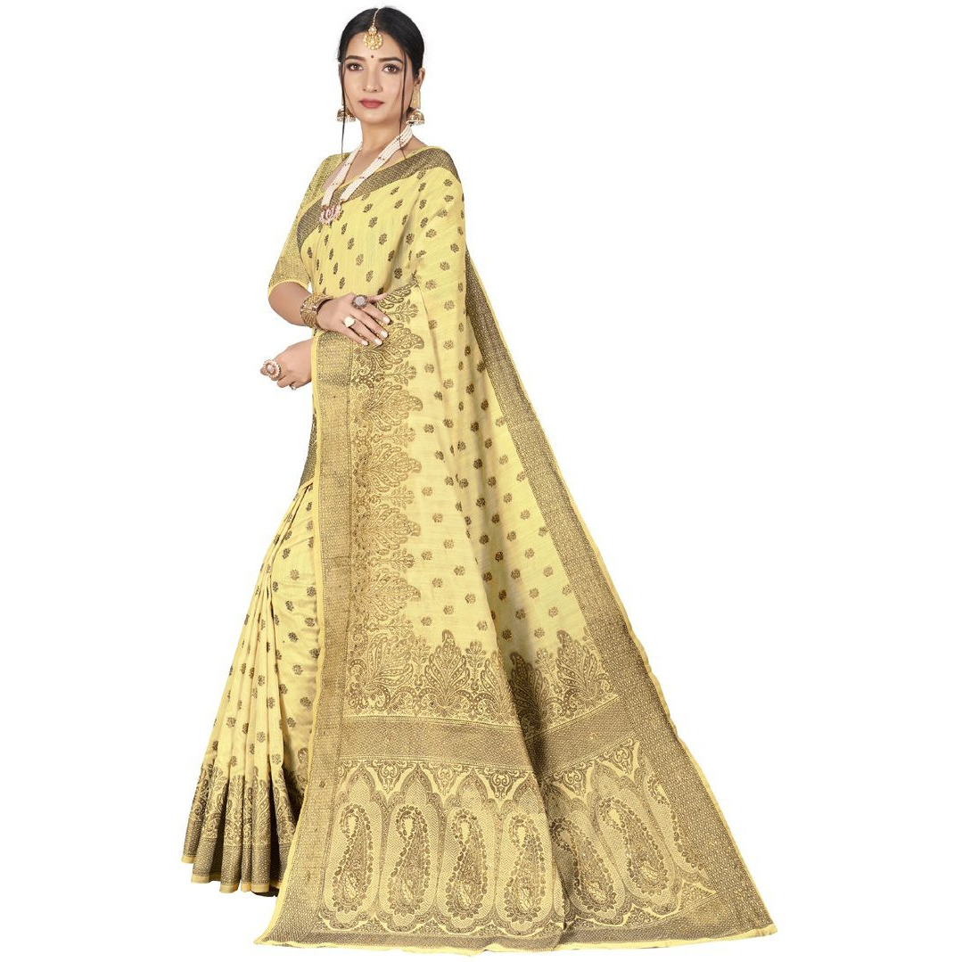 Designer Off White Cotton Silk Stone Work Wedding Wear Saree