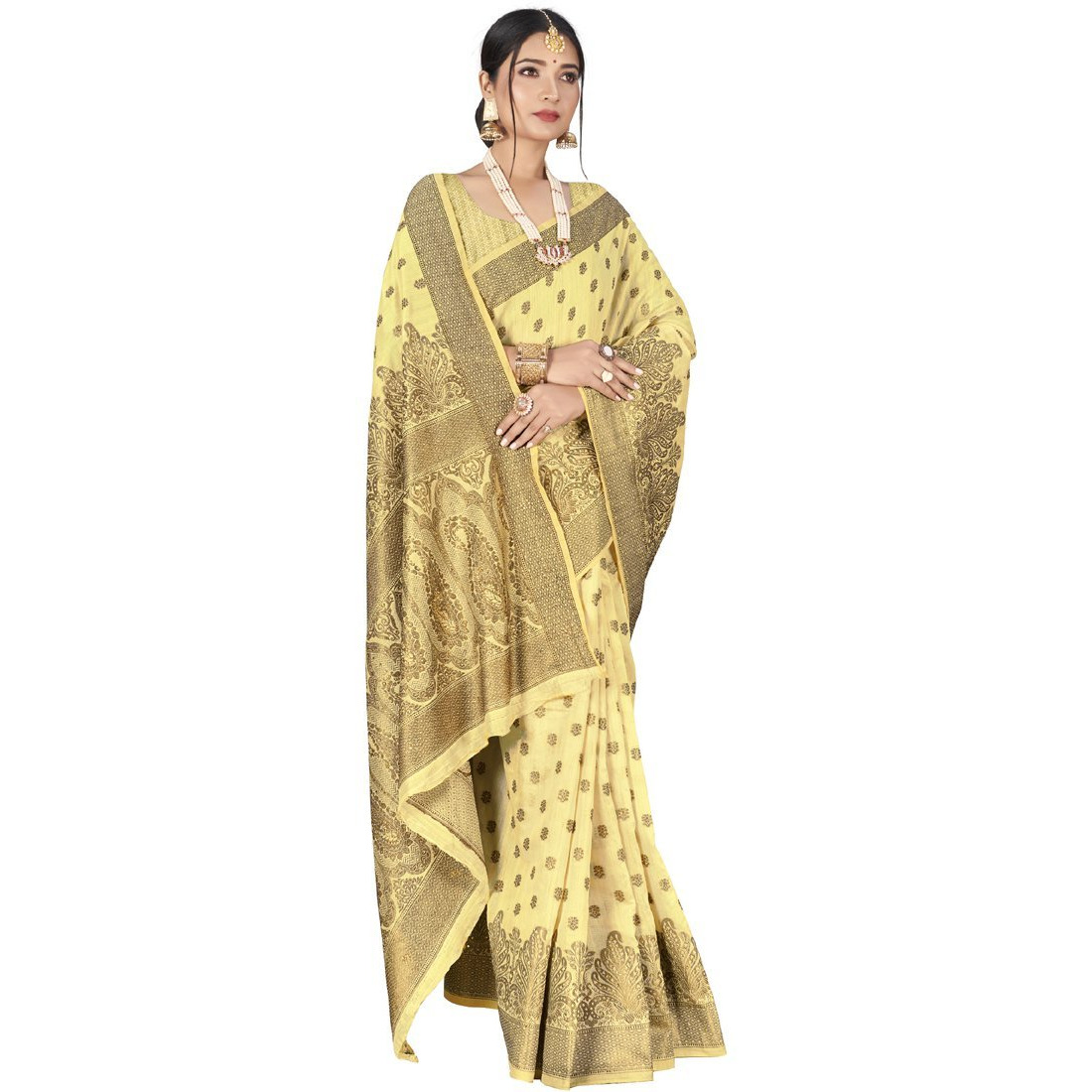 Designer Off White Cotton Silk Stone Work Wedding Wear Saree