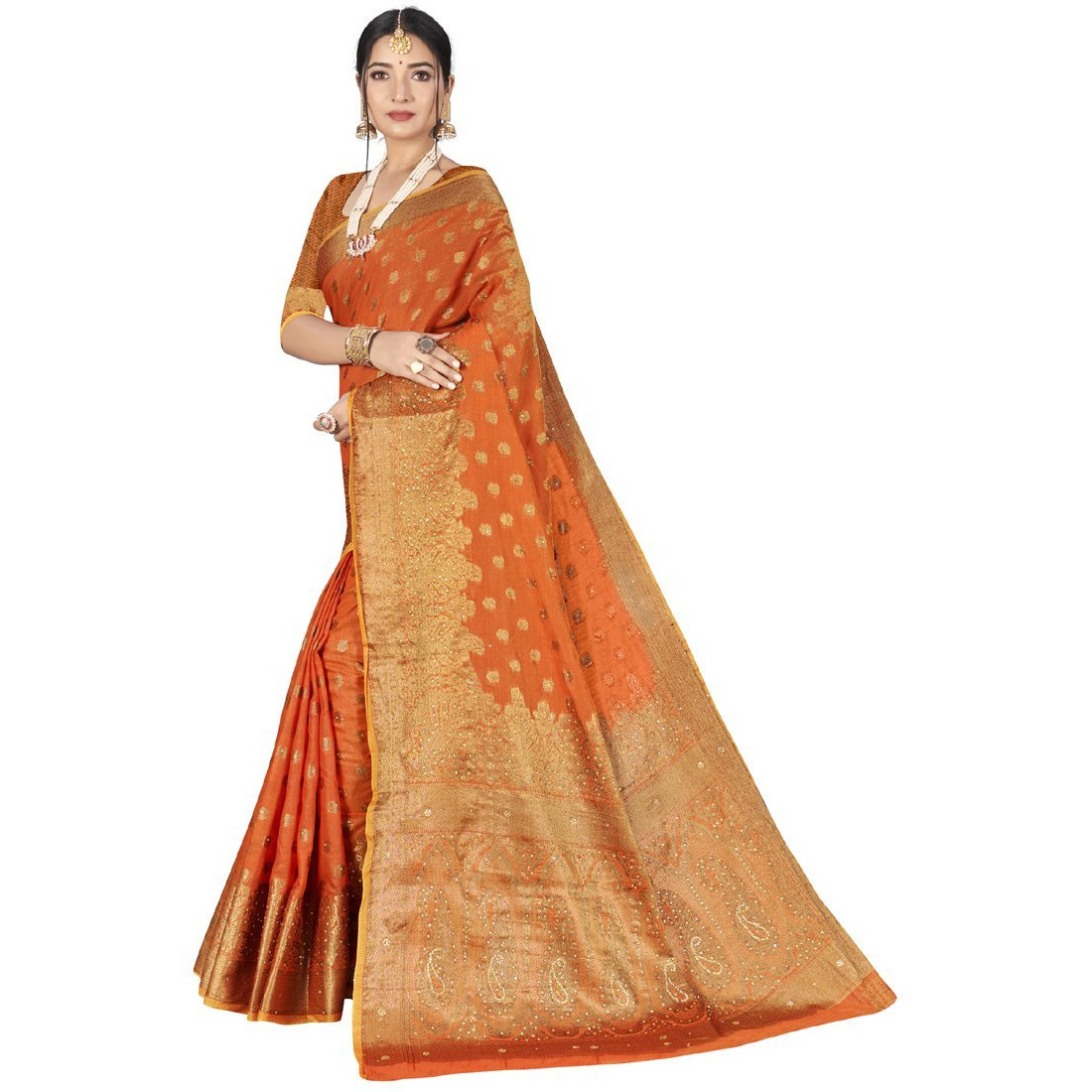 Designer Orange Cotton Silk Stone Work Wedding Wear Saree