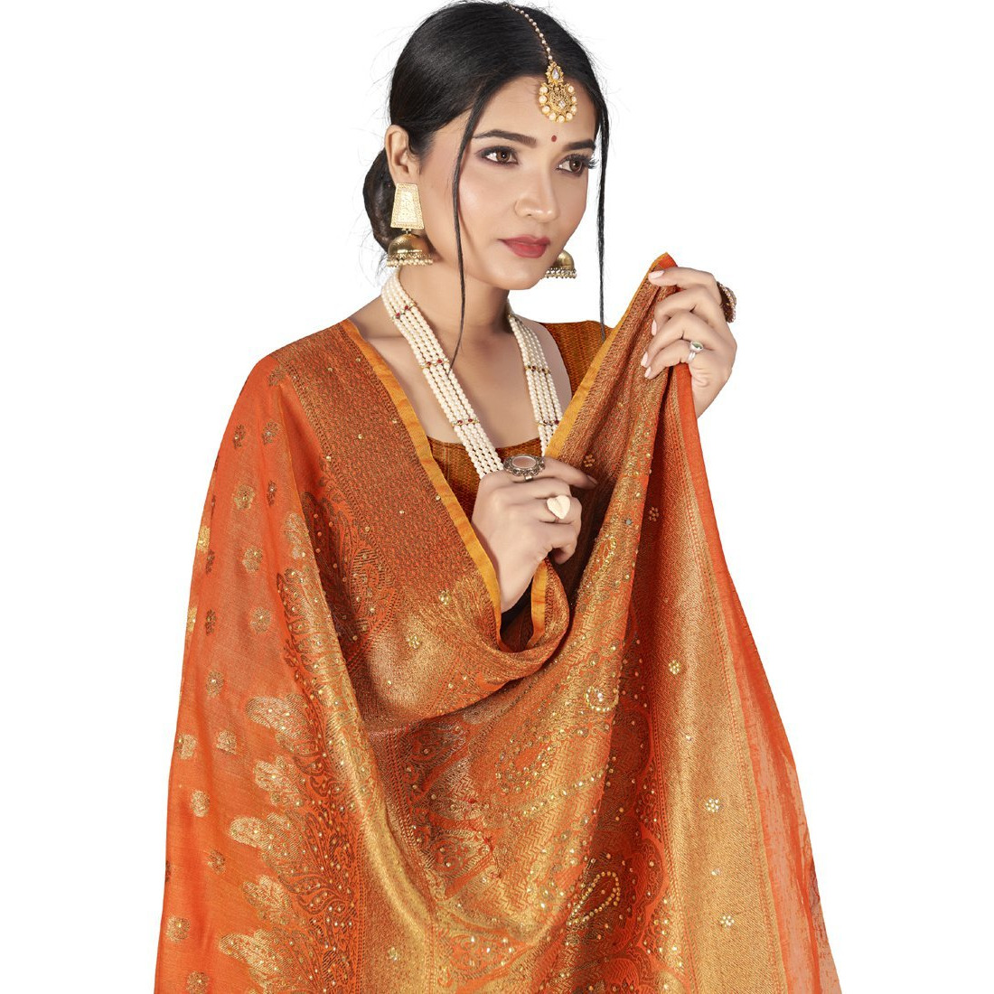 Designer Orange Cotton Silk Stone Work Wedding Wear Saree