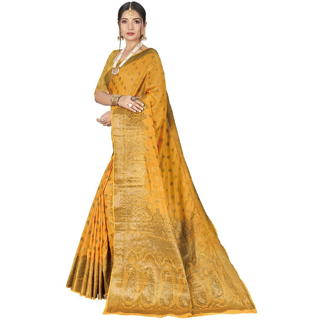 Designer Yellow Cotton Silk Stone Work Wedding Wear Saree