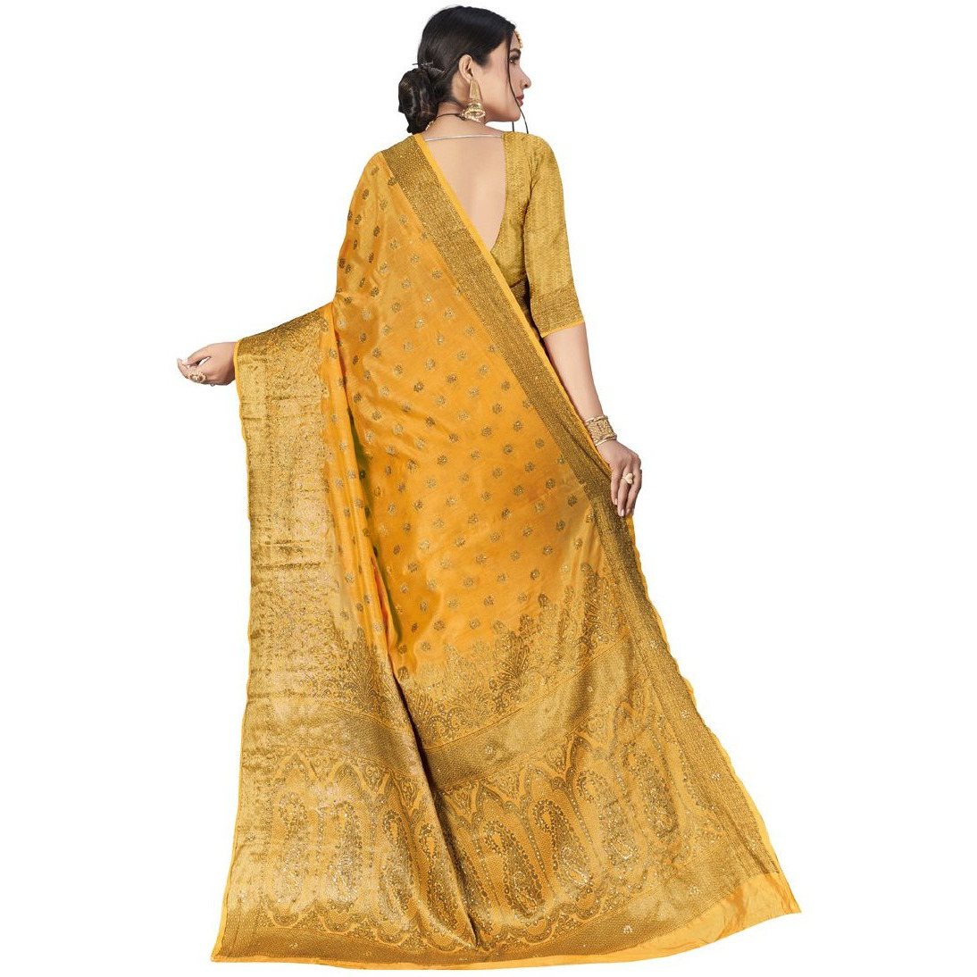 Designer Yellow Cotton Silk Stone Work Wedding Wear Saree