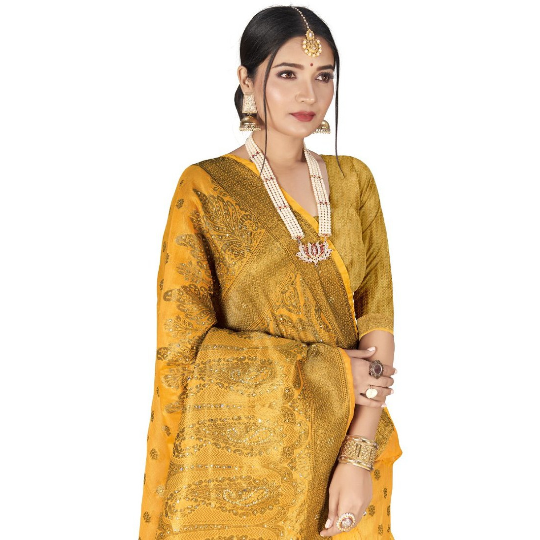 Designer Yellow Cotton Silk Stone Work Wedding Wear Saree