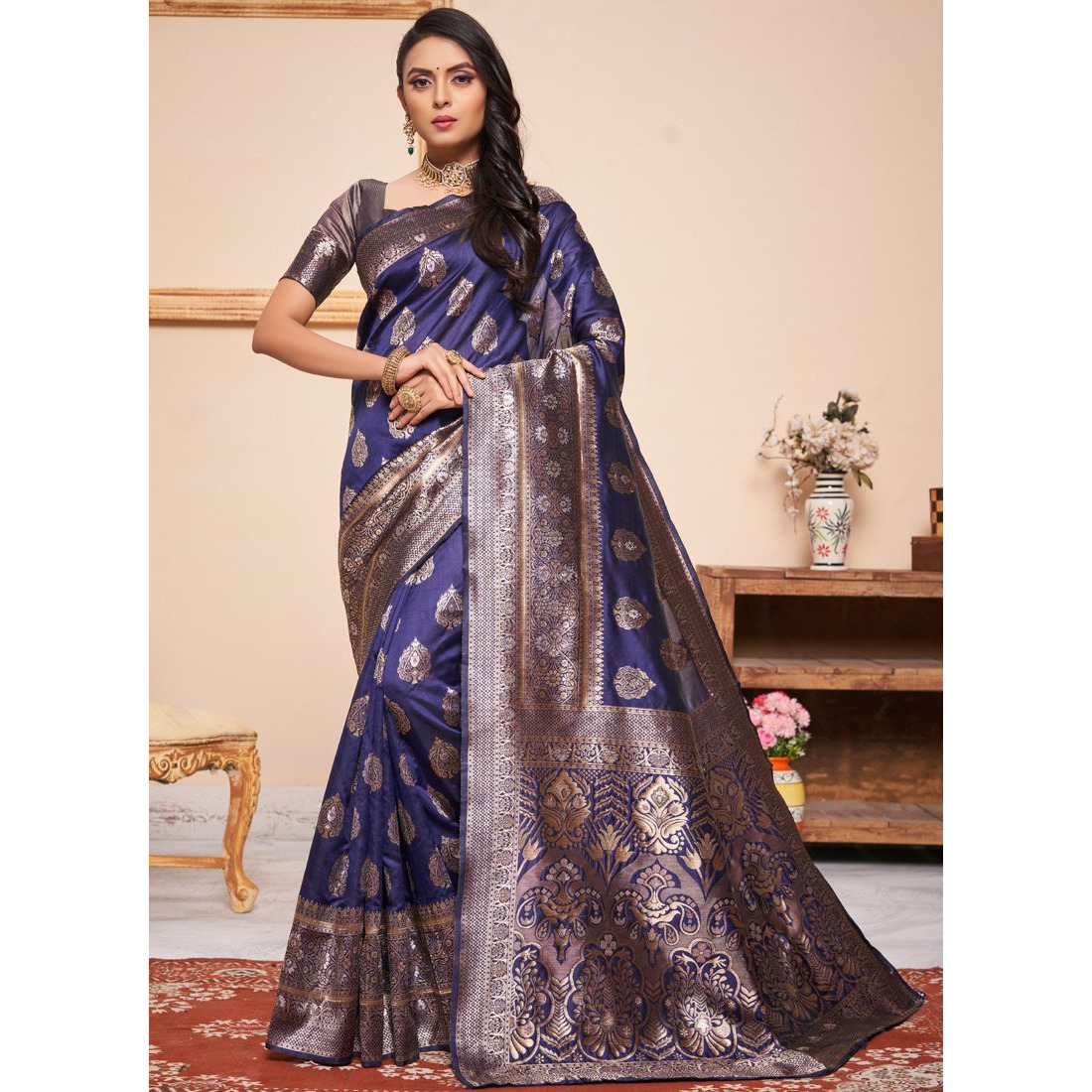 Navy Blue Silk Indian Designer Wedding Wear Saree