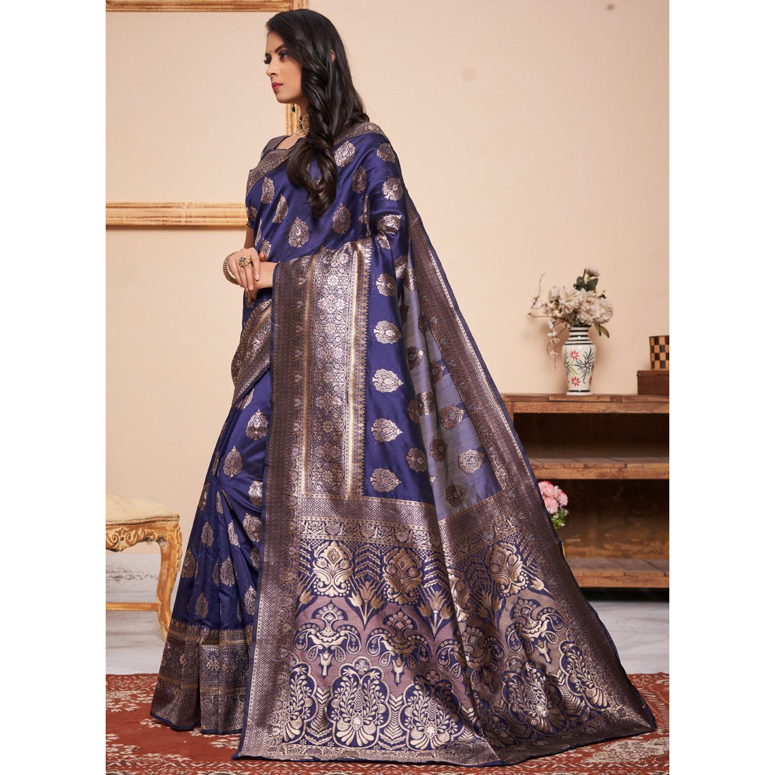 Navy Blue Silk Indian Designer Wedding Wear Saree