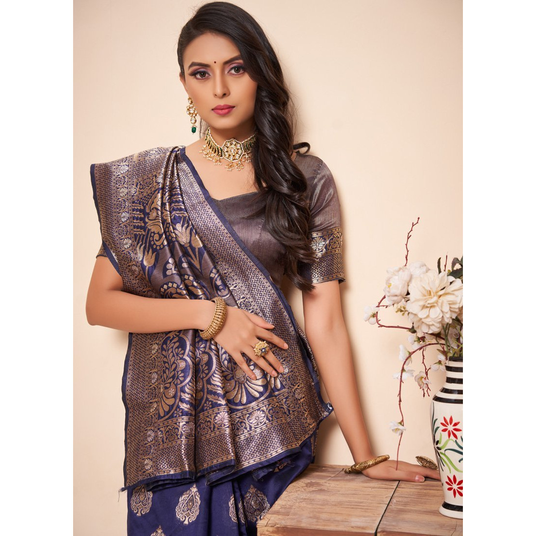 Navy Blue Silk Indian Designer Wedding Wear Saree