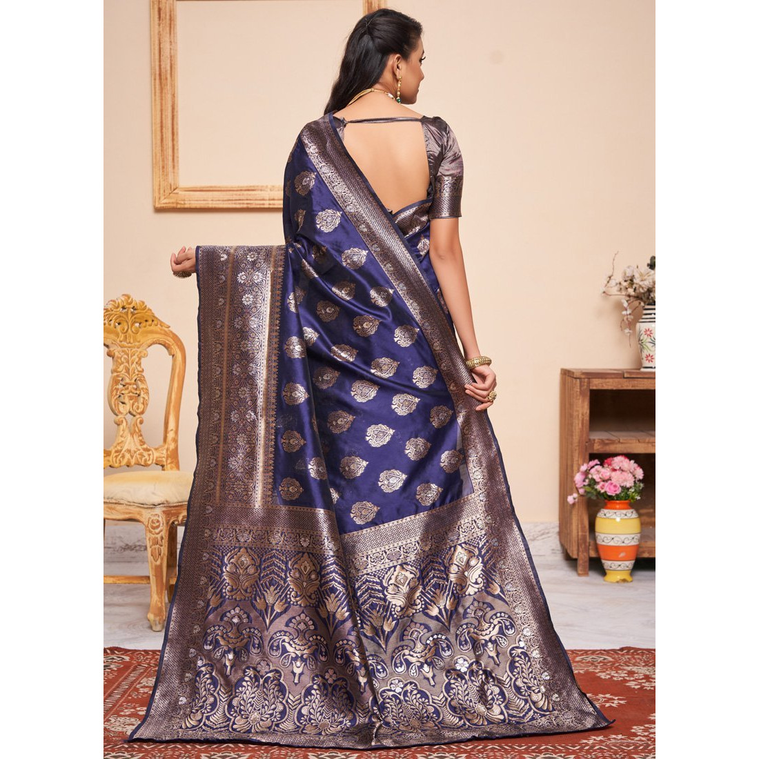 Navy Blue Silk Indian Designer Wedding Wear Saree