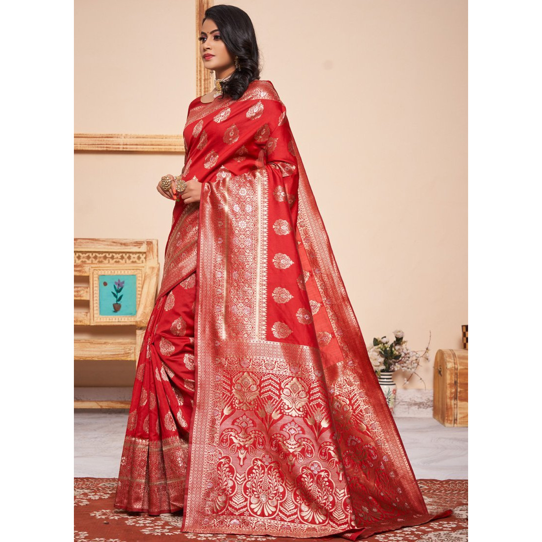 Red Silk Indian Designer Wedding Wear Saree