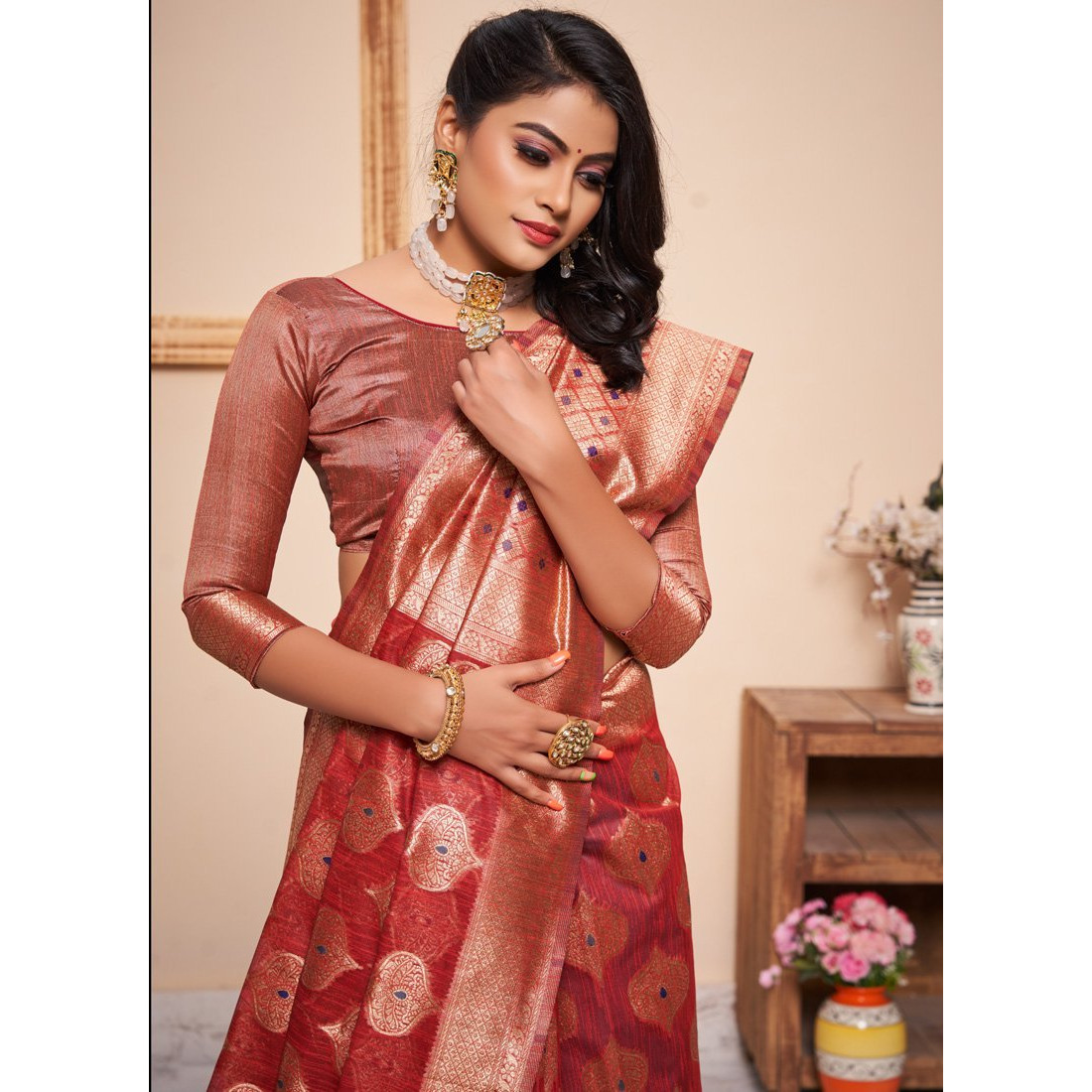 Red Silk Indian Designer Wedding Wear Saree
