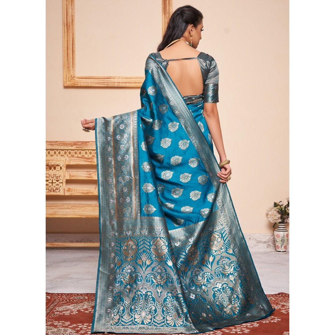 Turquoise Silk Indian Designer Wedding Wear Saree