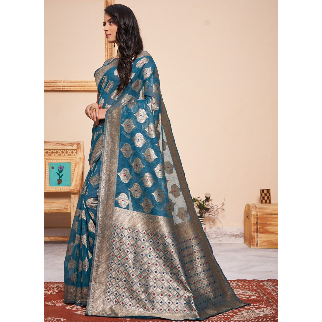 Turquoise Silk Indian Designer Wedding Wear Saree