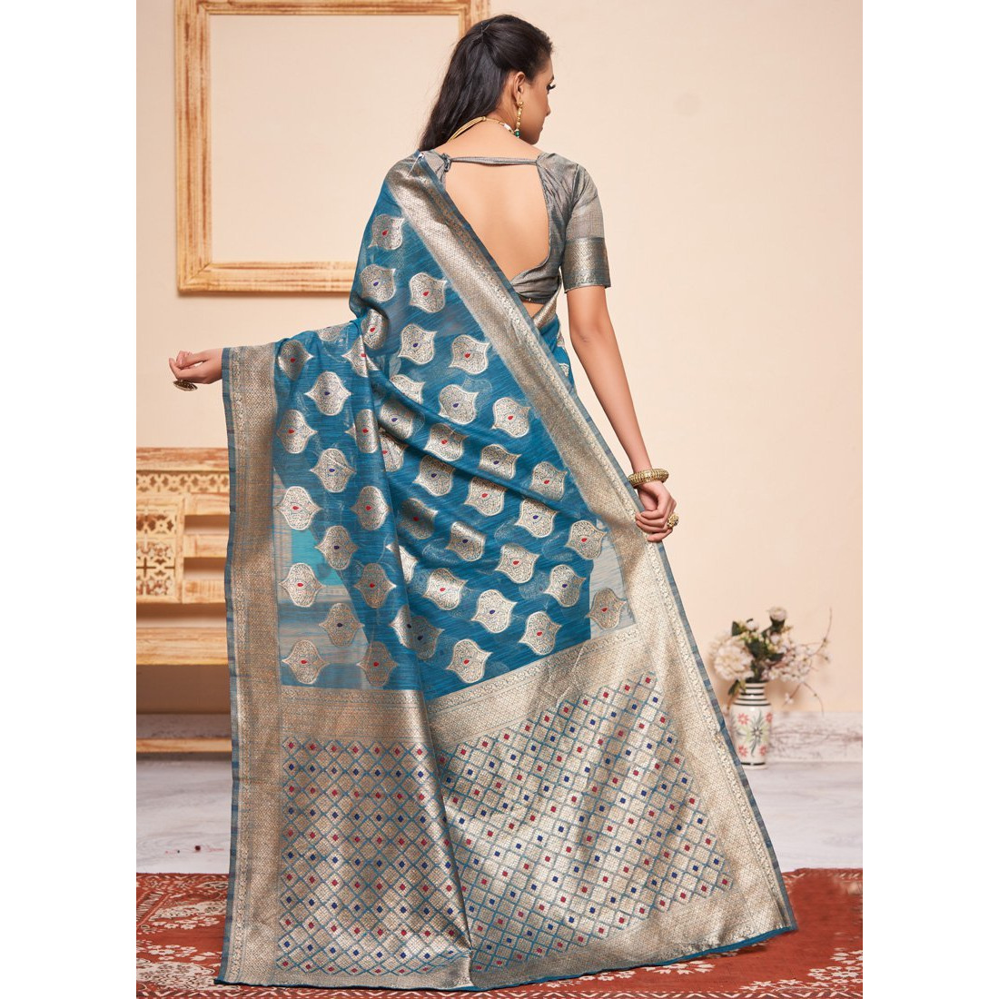 Turquoise Silk Indian Designer Wedding Wear Saree