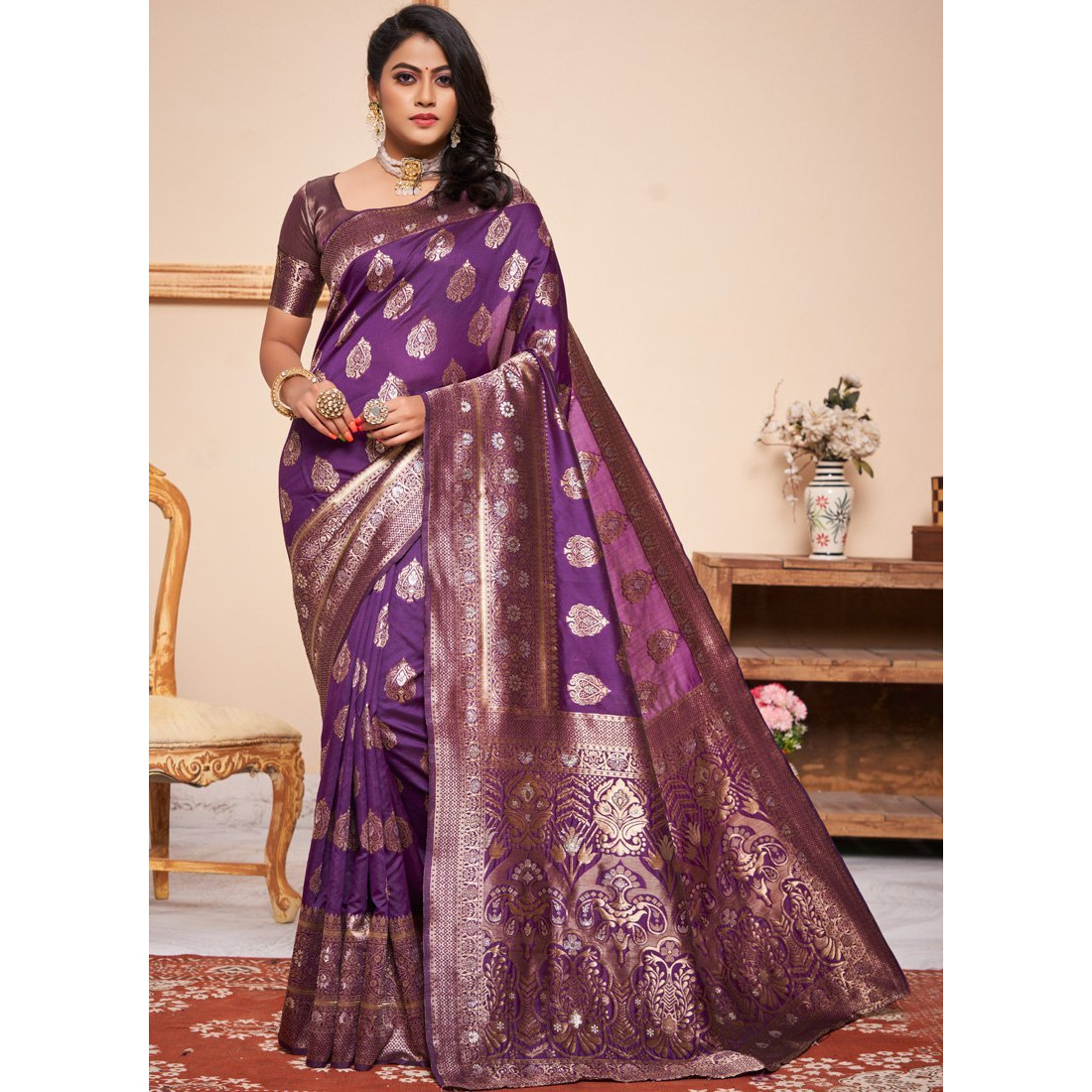 Violet Silk Indian Designer Wedding Wear Saree