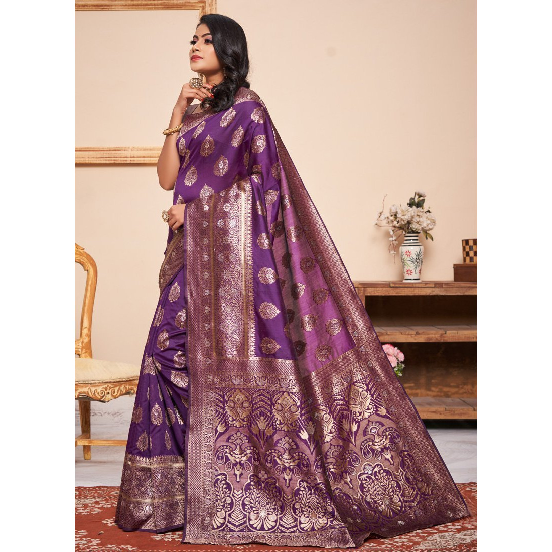 Violet Silk Indian Designer Wedding Wear Saree