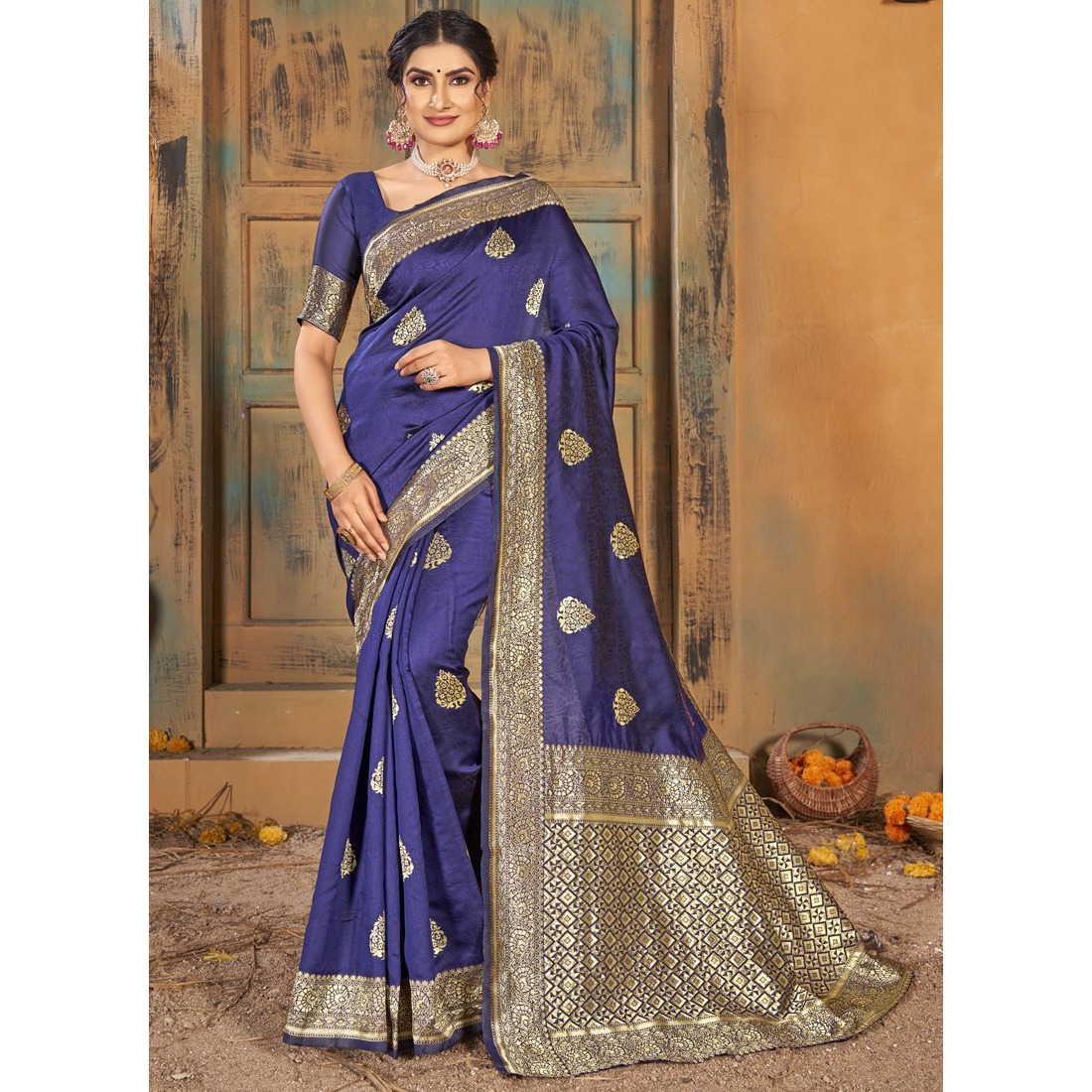 Blue Silk Indian Designer Wedding Wear Saree