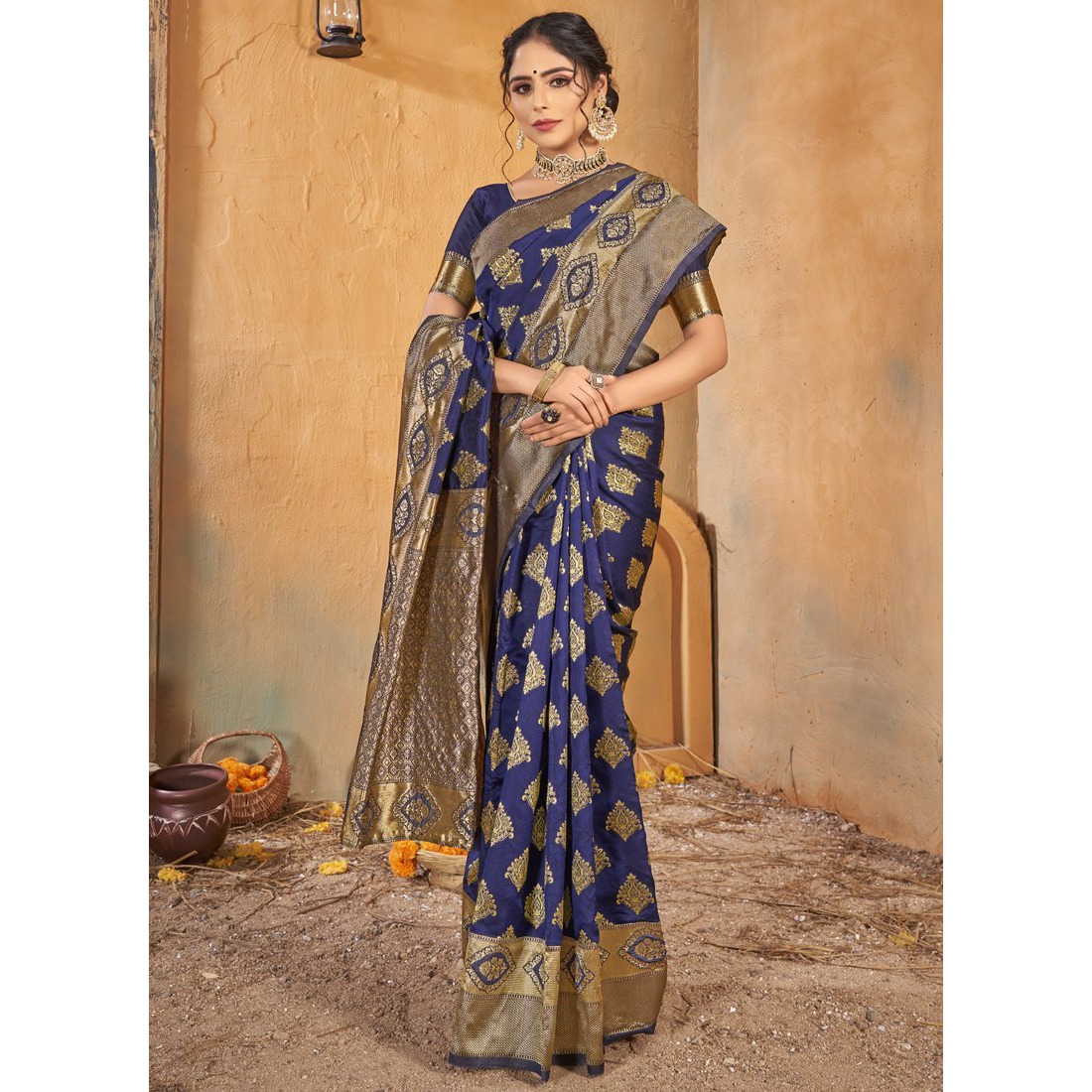 Navy Blue Silk Indian Designer Wedding Wear Saree