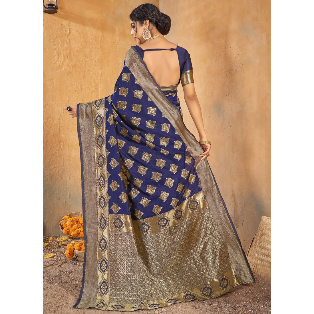 Navy Blue Silk Indian Designer Wedding Wear Saree