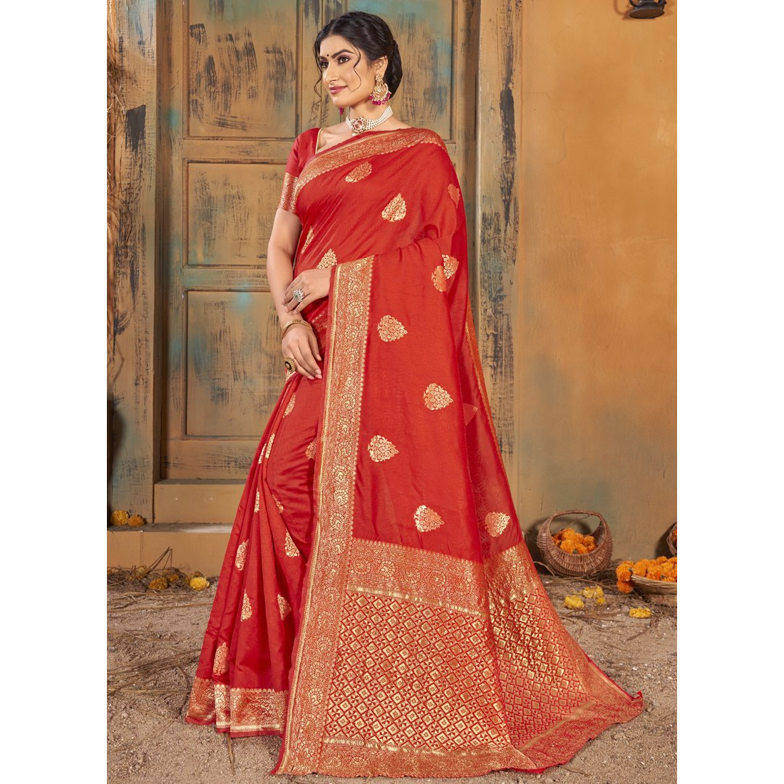 Red Silk Indian Designer Wedding Wear Saree