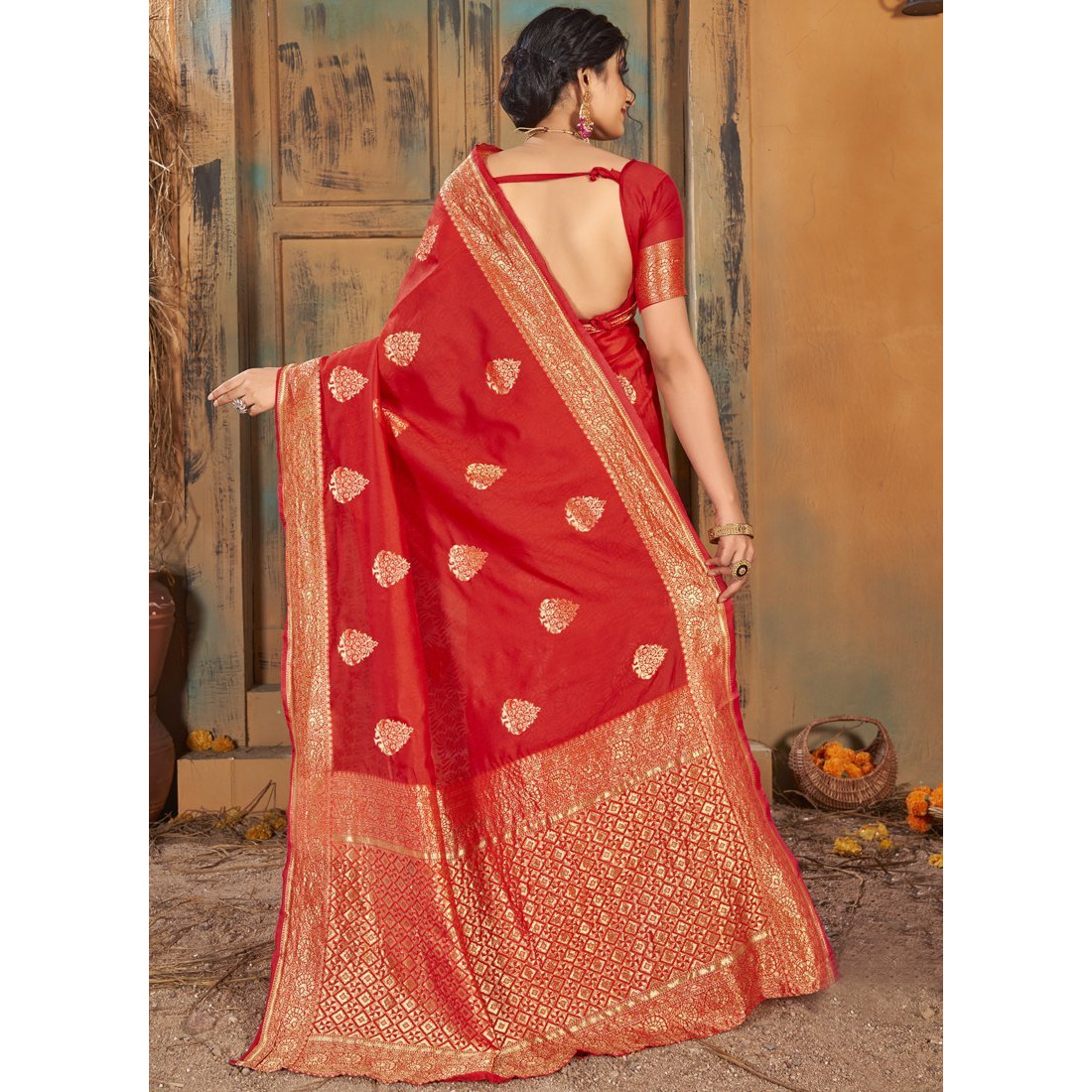 Red Silk Indian Designer Wedding Wear Saree