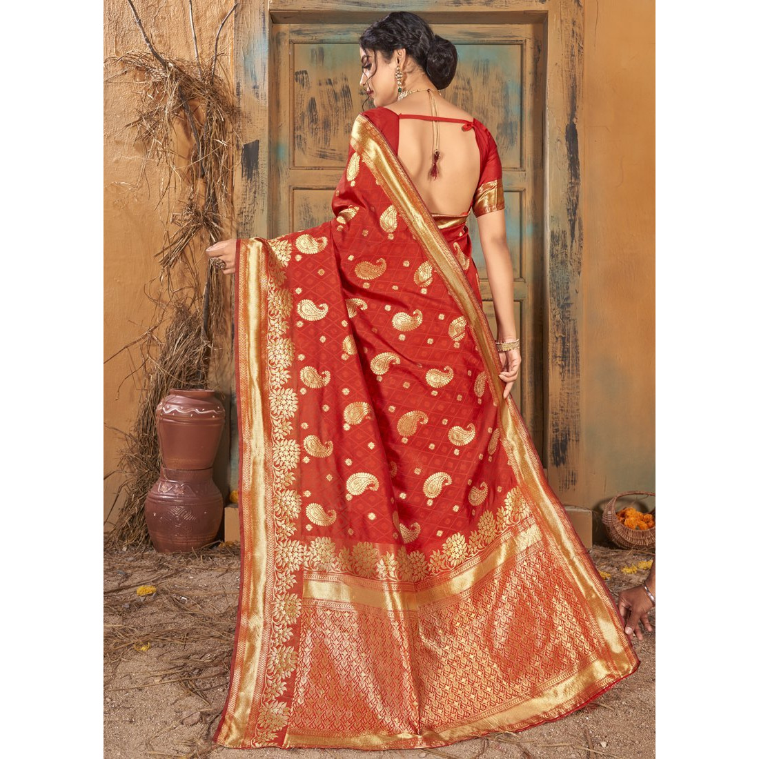 Red Silk Indian Designer Wedding Wear Saree