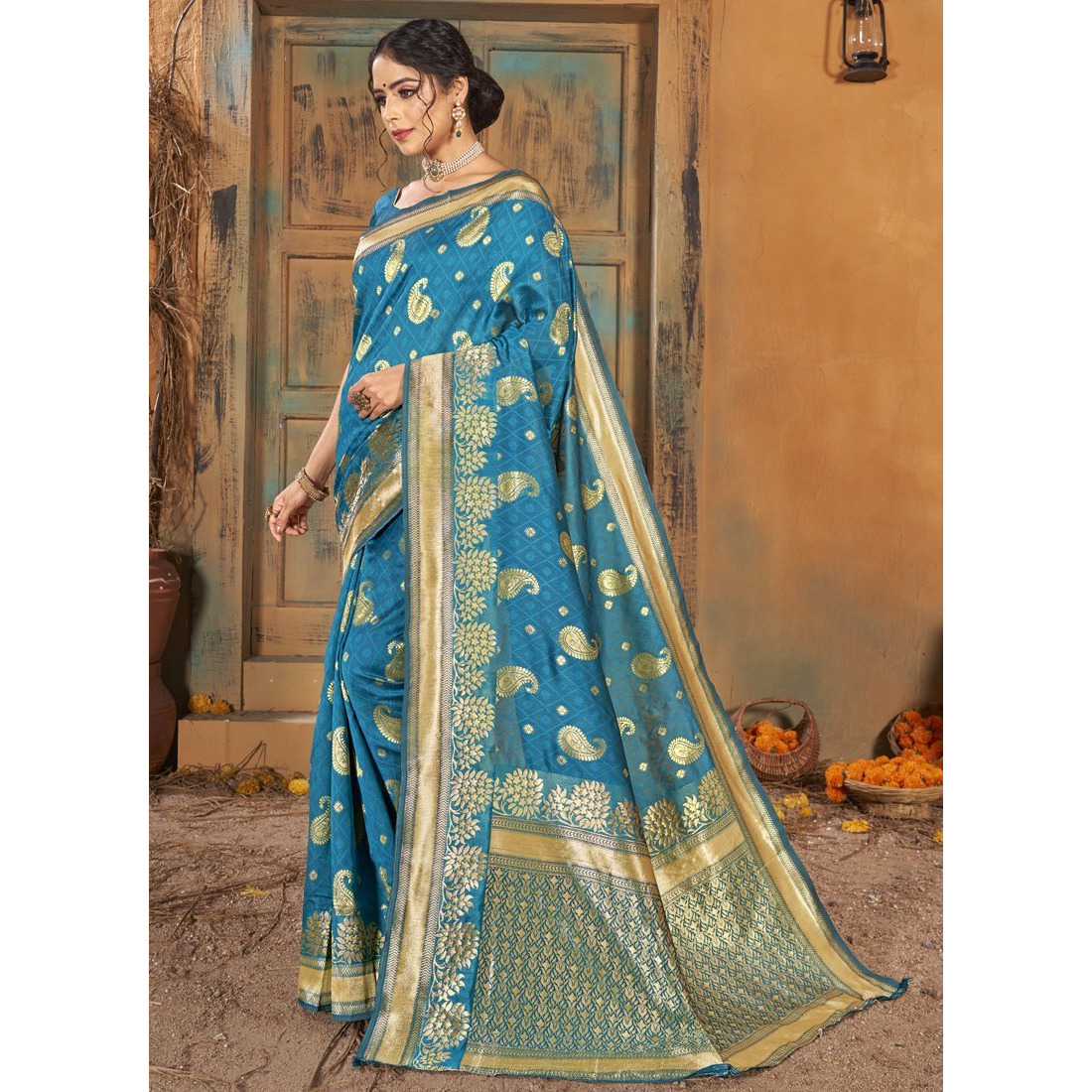 Turquoise Silk Indian Designer Wedding Wear Saree