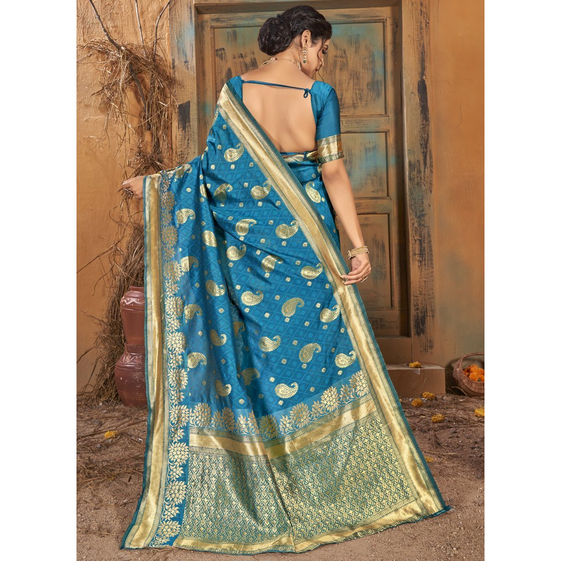 Turquoise Silk Indian Designer Wedding Wear Saree
