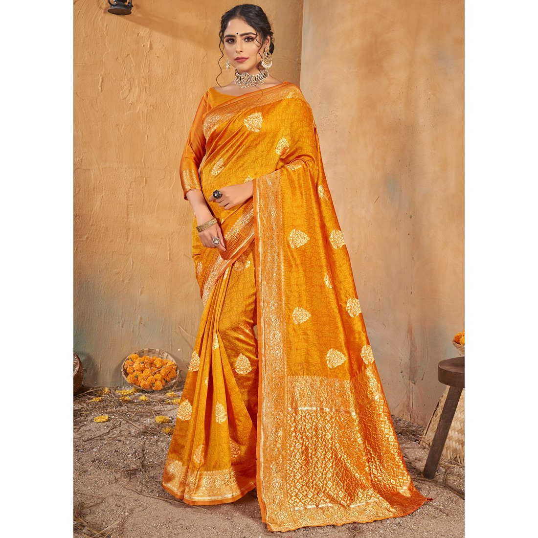 Yellow Silk Indian Designer Wedding Wear Saree