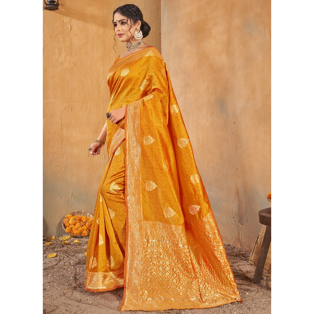 Yellow Silk Indian Designer Wedding Wear Saree