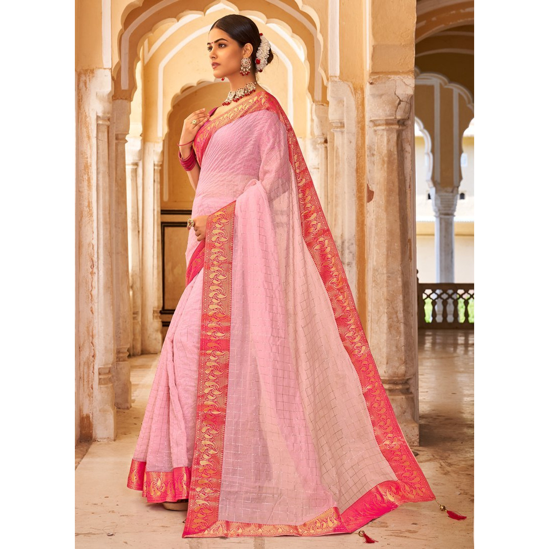 Baby Pink Cotton Checks Indian Designer Wedding Wear Saree