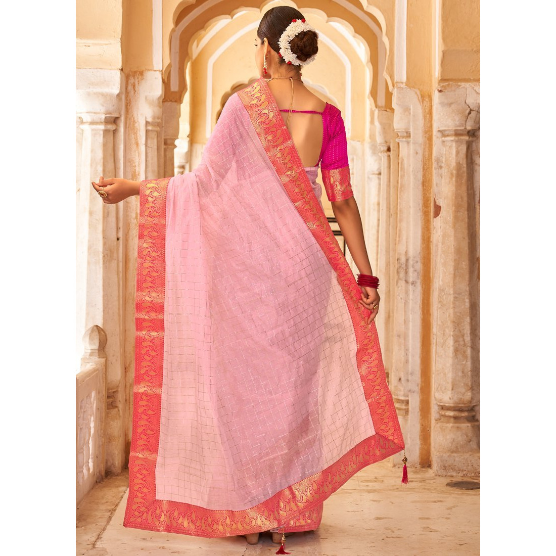 Baby Pink Cotton Checks Indian Designer Wedding Wear Saree