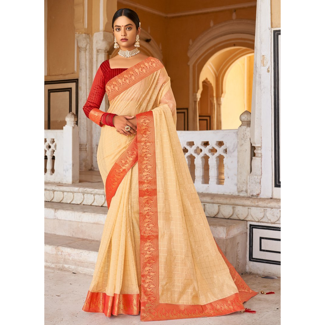 Cream Cotton Checks Indian Designer Wedding Wear Saree