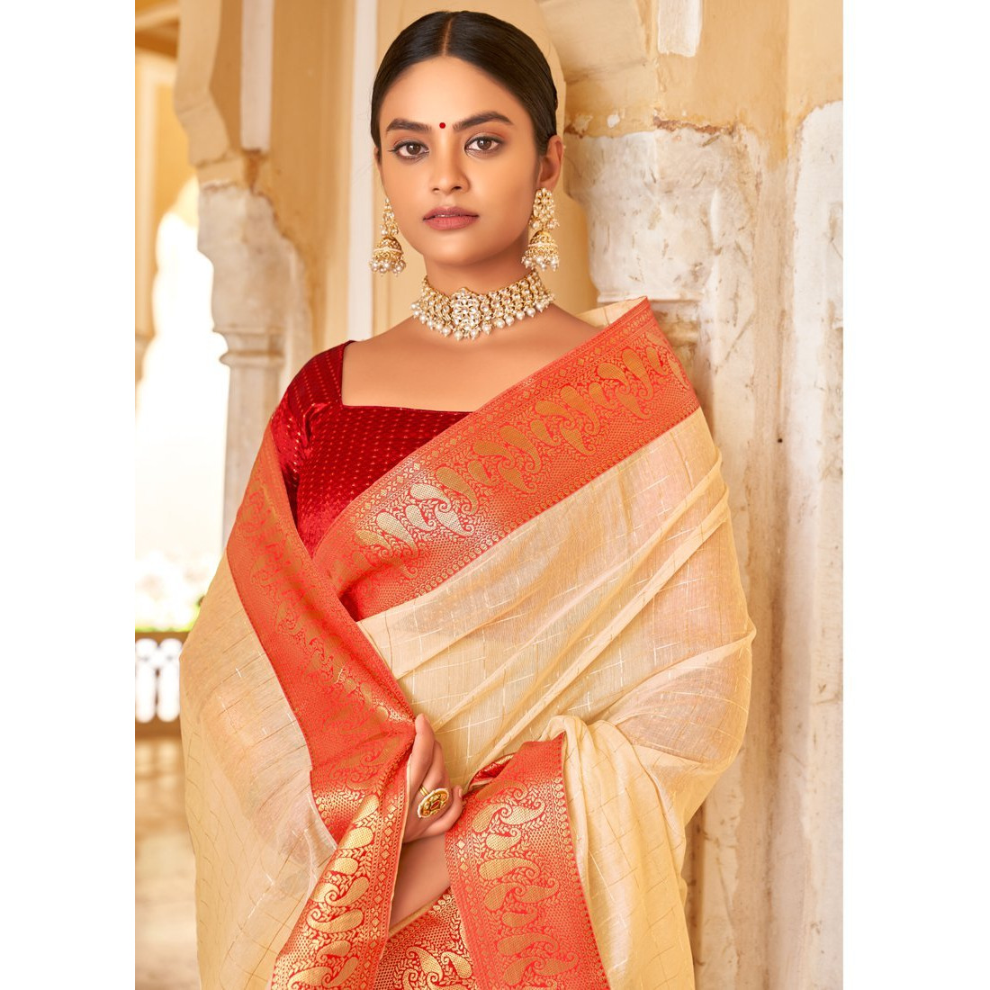 Cream Cotton Checks Indian Designer Wedding Wear Saree