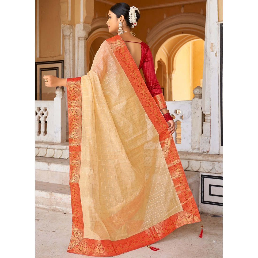 Cream Cotton Checks Indian Designer Wedding Wear Saree