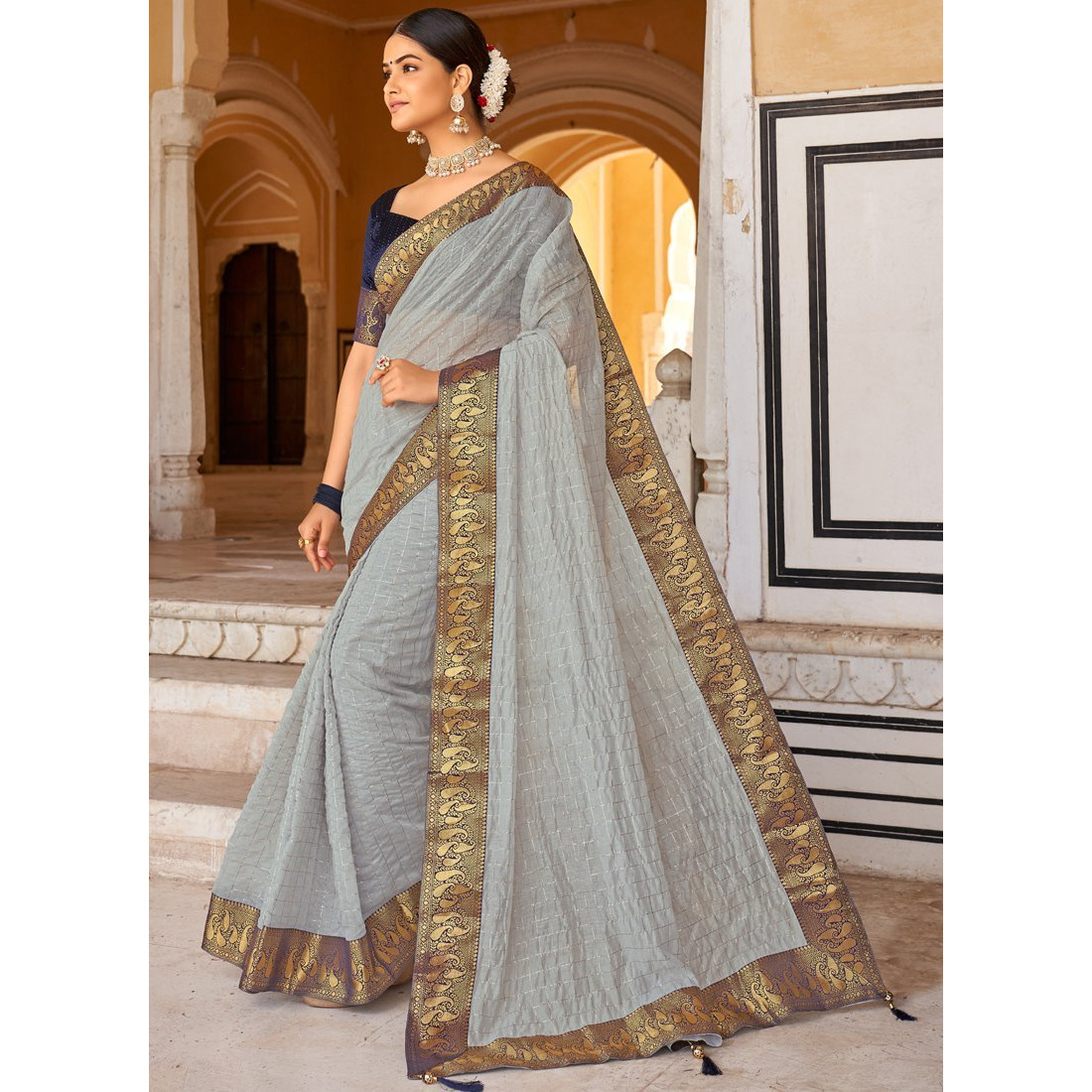 Grey Cotton Checks Indian Designer Wedding Wear Saree
