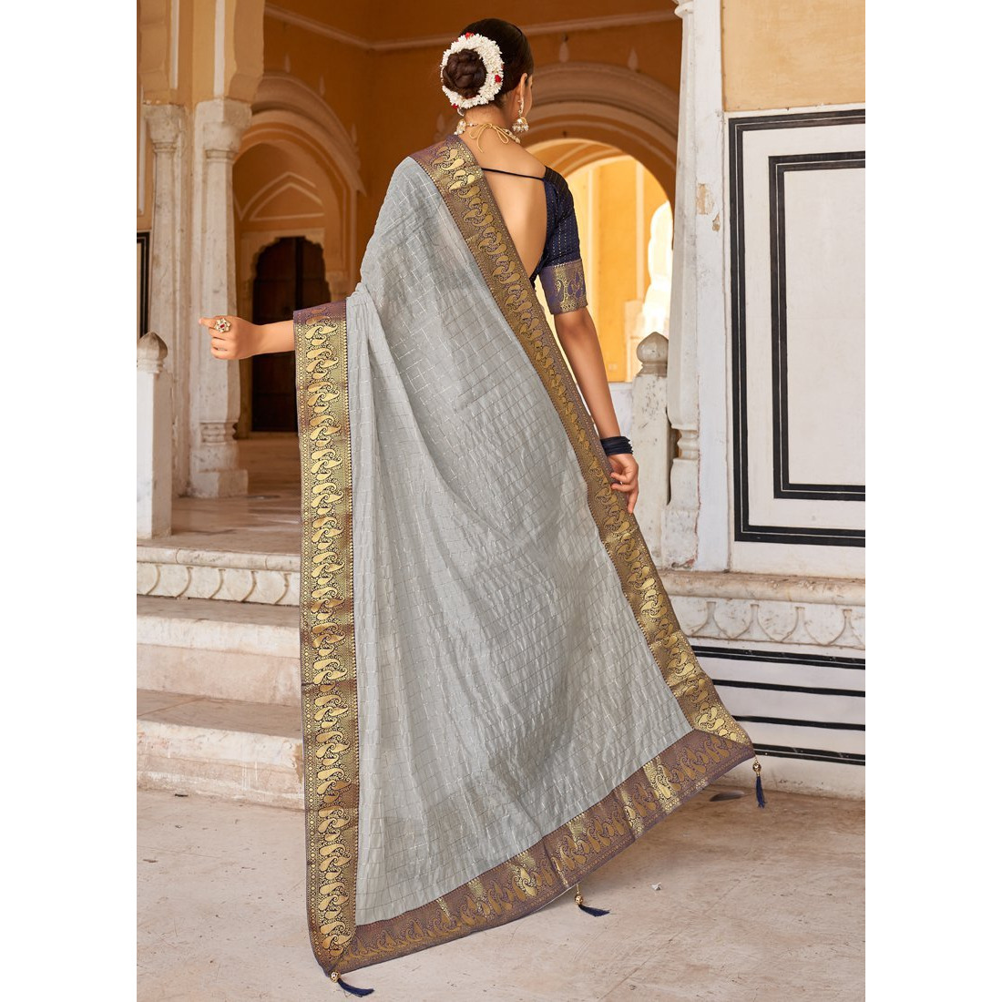 Grey Cotton Checks Indian Designer Wedding Wear Saree