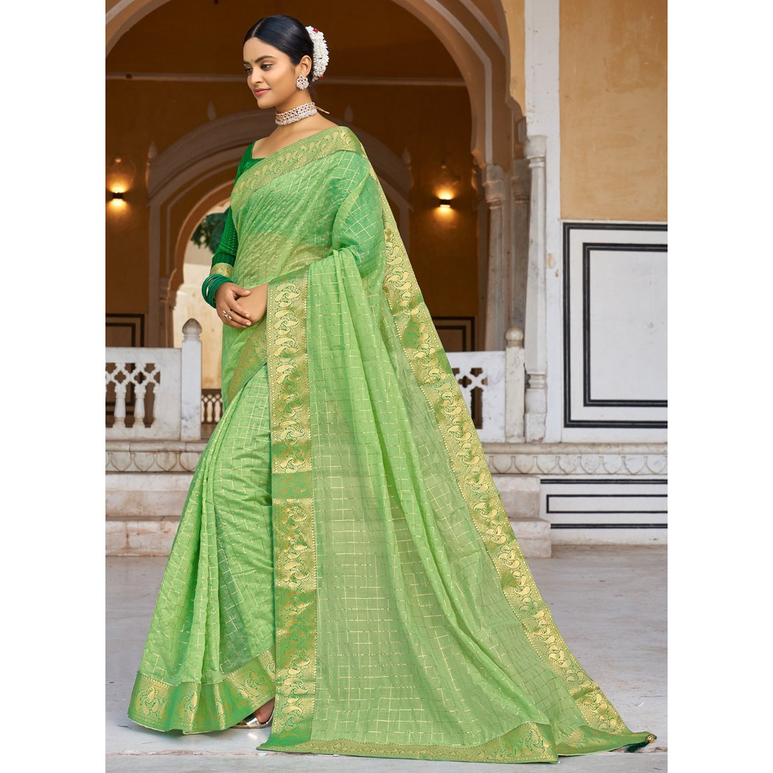 Light Green Cotton Checks Indian Designer Wedding Wear Saree