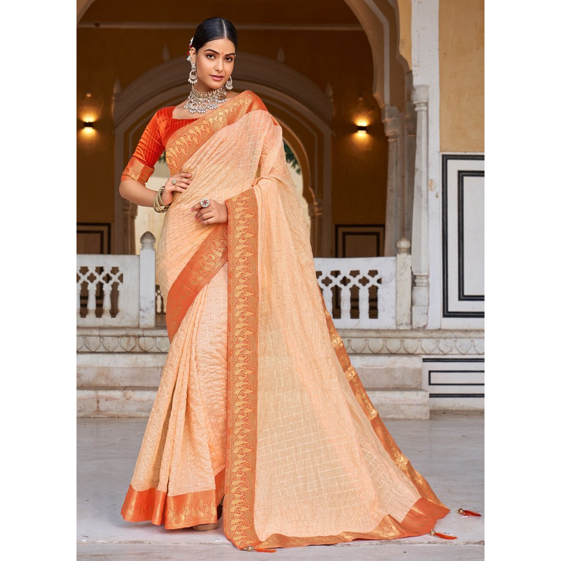 Light Orange Cotton Checks Indian Designer Wedding Wear Saree