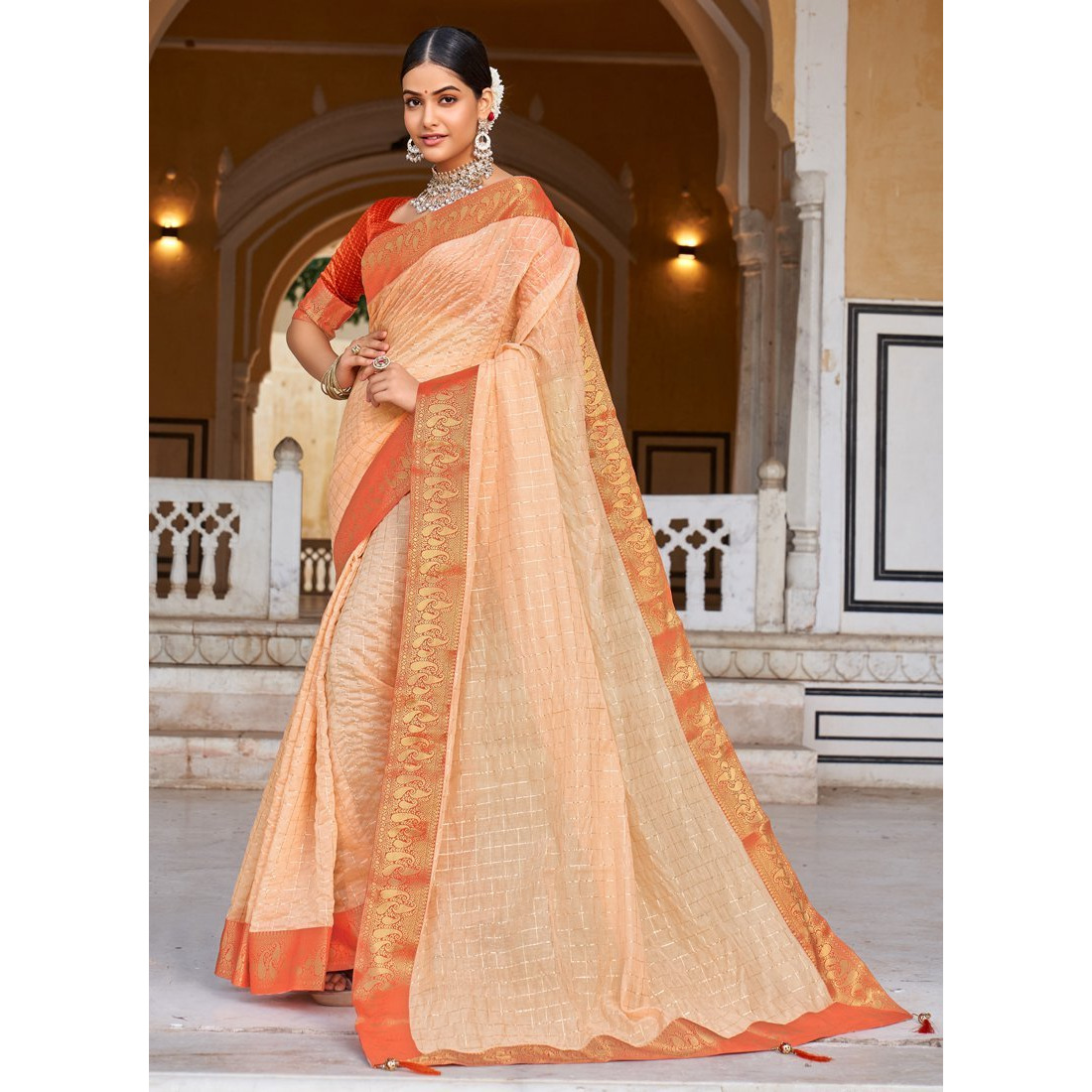 Light Orange Cotton Checks Indian Designer Wedding Wear Saree